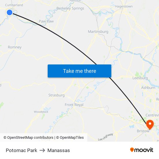 Potomac Park to Manassas map