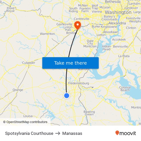 Spotsylvania Courthouse to Manassas map