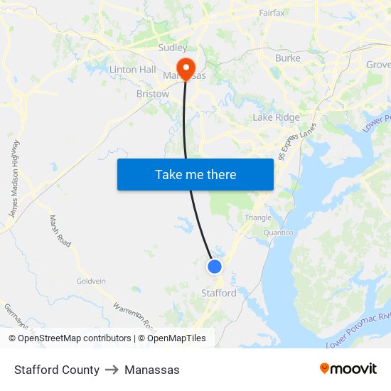 Stafford County to Manassas map