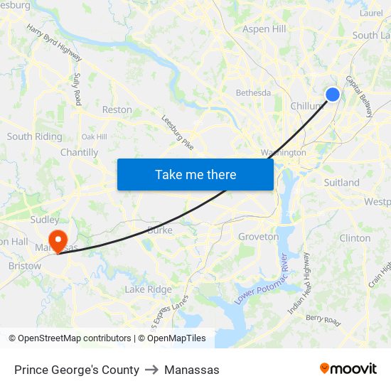 Prince George's County to Manassas map