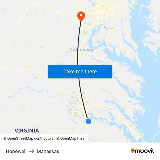 Hopewell to Manassas map