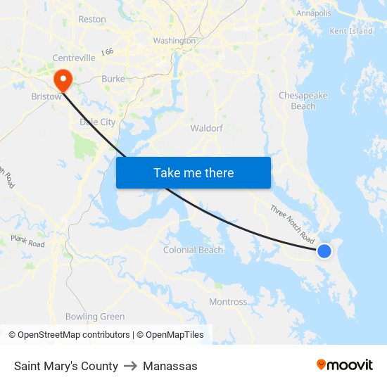 Saint Mary's County to Manassas map