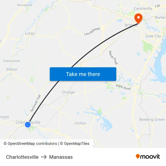 Charlottesville to Manassas map