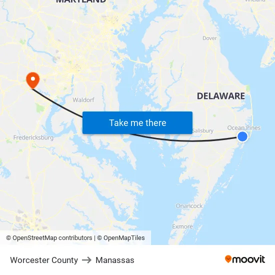 Worcester County to Manassas map