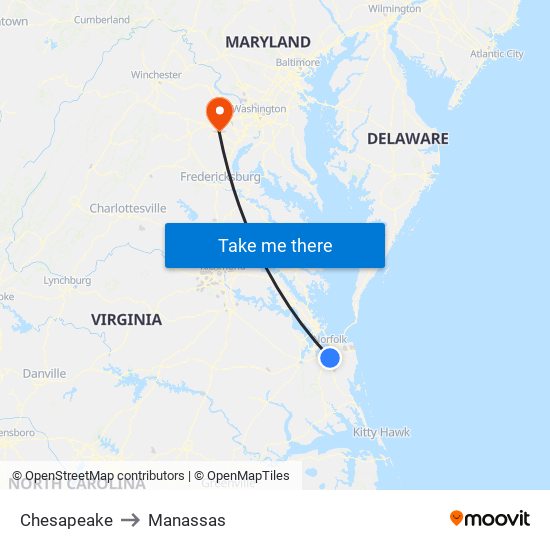 Chesapeake to Manassas map