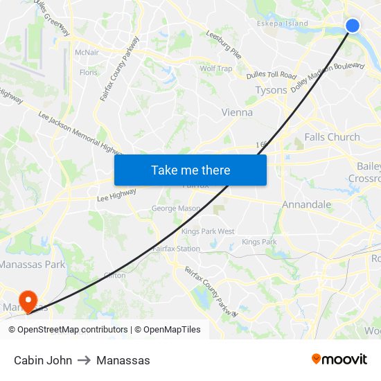 Cabin John to Manassas map