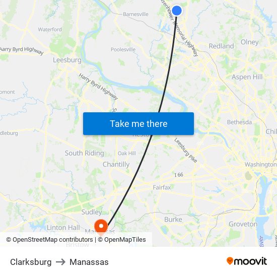 Clarksburg to Manassas map