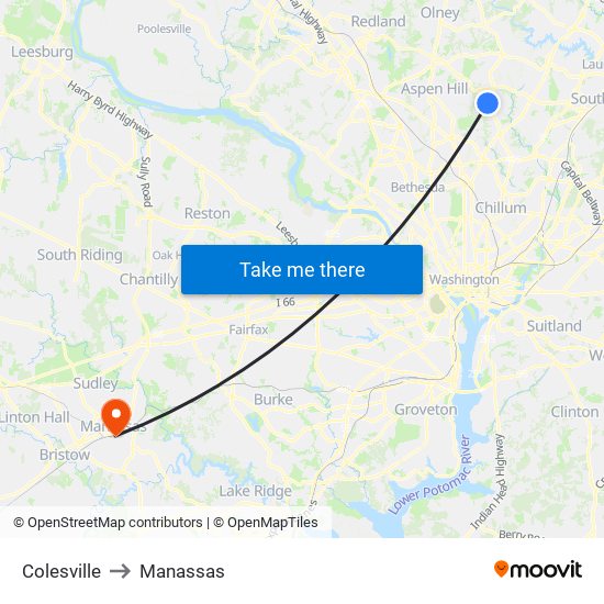 Colesville to Manassas map