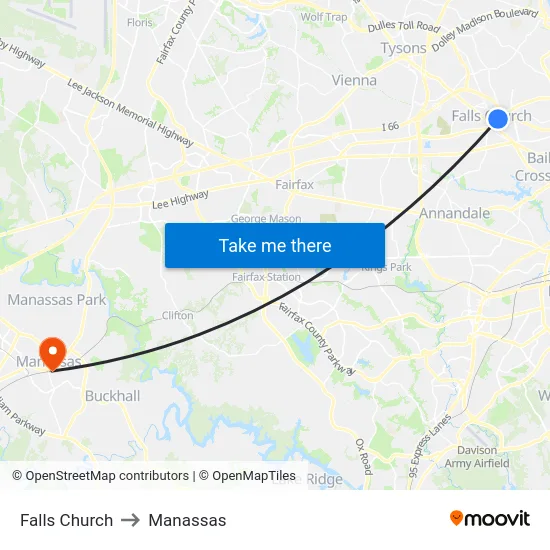 Falls Church to Manassas map
