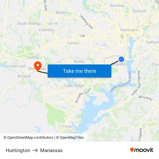 Huntington to Manassas map