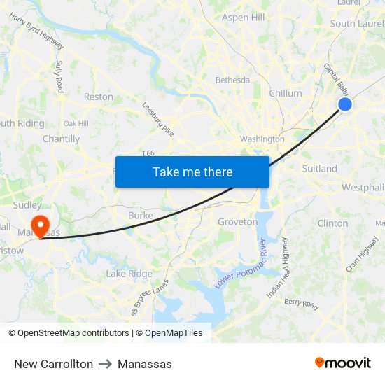 New Carrollton to Manassas map