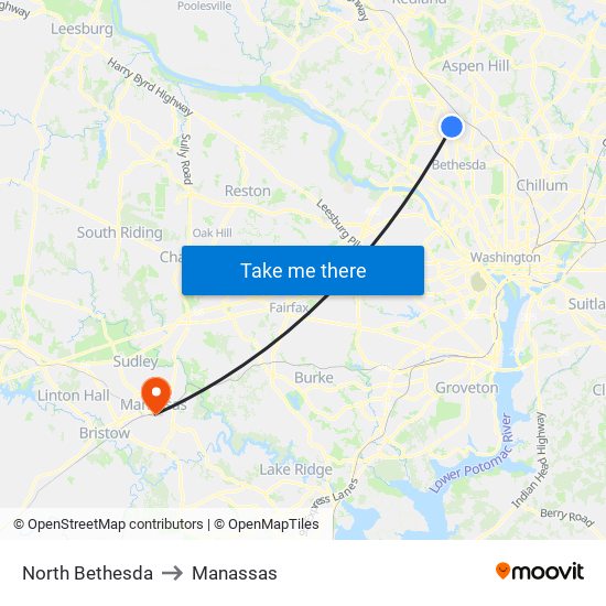 North Bethesda to Manassas map