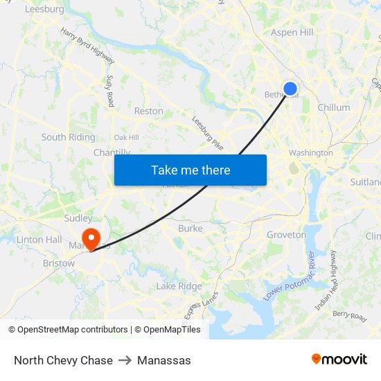 North Chevy Chase to Manassas map