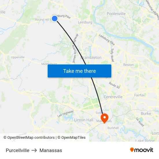 Purcellville to Manassas map