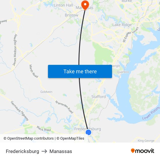 Fredericksburg to Manassas map