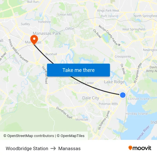Woodbridge Station to Manassas map