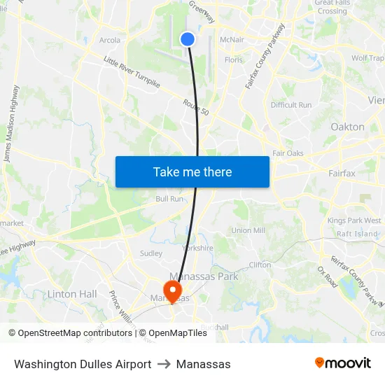 Washington Dulles Airport to Manassas map