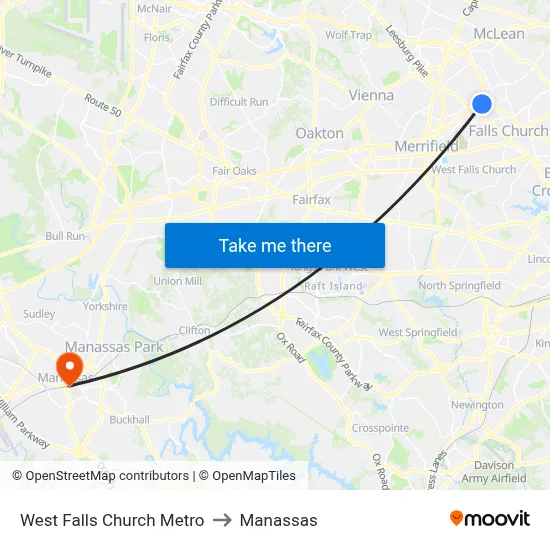 West Falls Church Metro to Manassas map