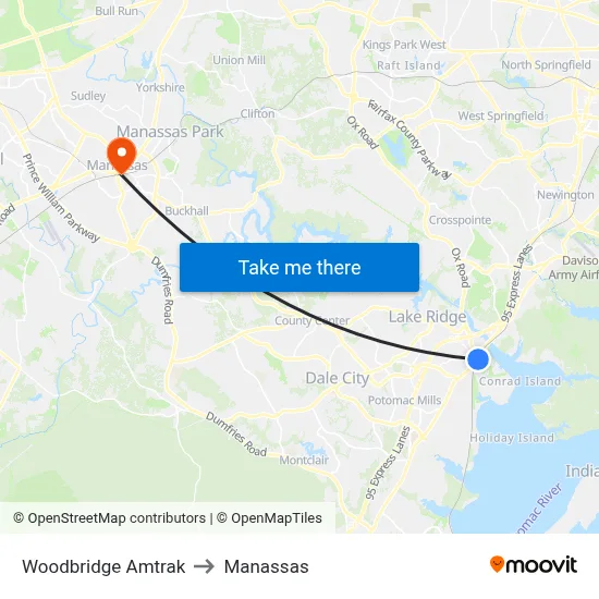 Woodbridge Amtrak to Manassas map