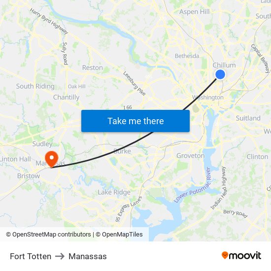 Fort Totten to Manassas map