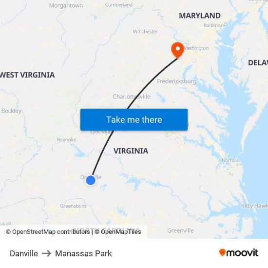 Danville to Manassas Park map