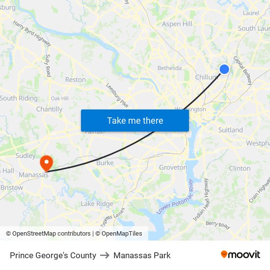 Prince George's County to Manassas Park map