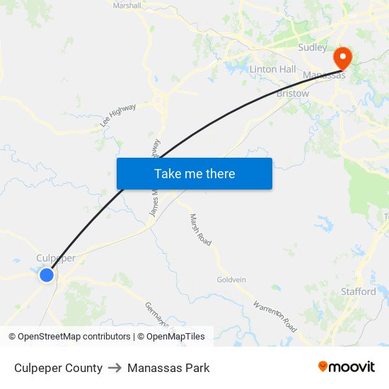 Culpeper County to Manassas Park map