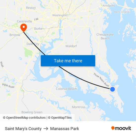 Saint Mary's County to Manassas Park map