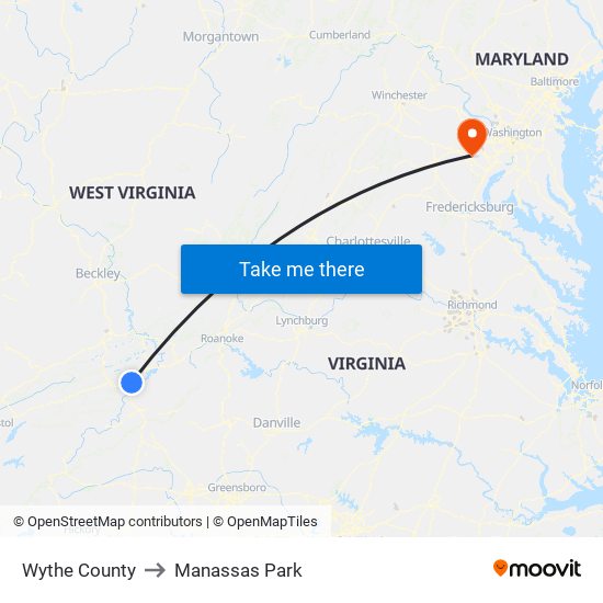 Wythe County to Manassas Park map