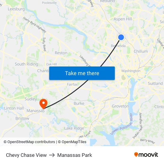Chevy Chase View to Manassas Park map