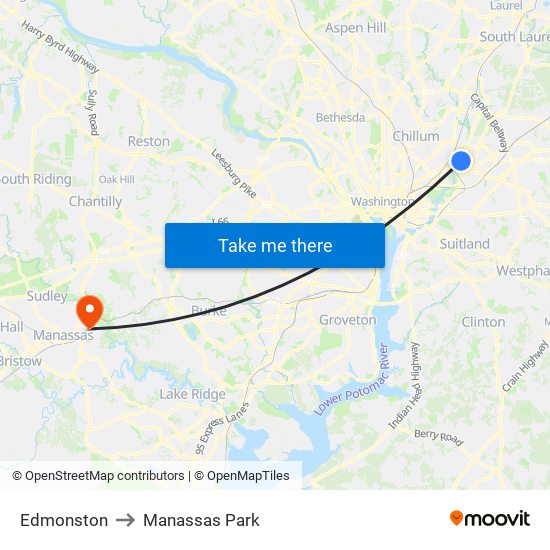 Edmonston to Manassas Park map