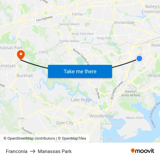 Franconia to Manassas Park map