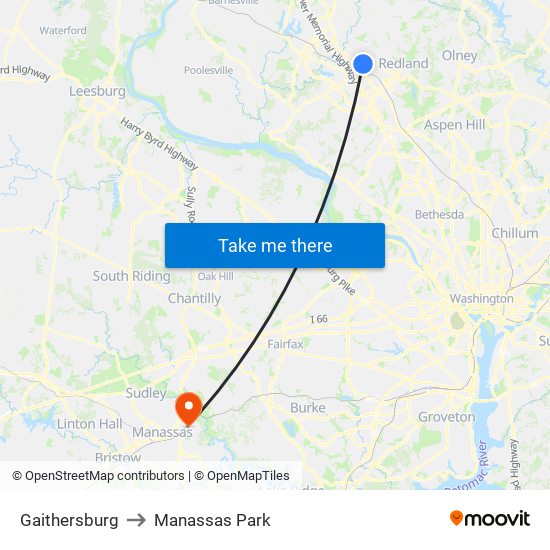 Gaithersburg to Manassas Park map