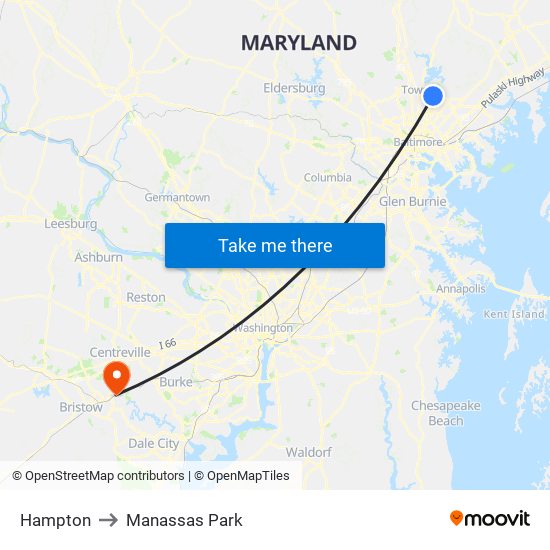 Hampton to Manassas Park map