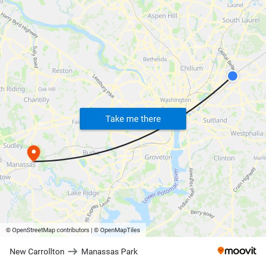 New Carrollton to Manassas Park map