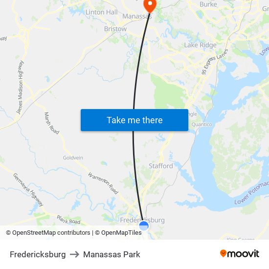 Fredericksburg to Manassas Park map