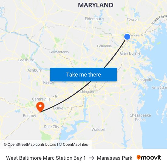 West Baltimore Marc Station Bay 1 to Manassas Park map