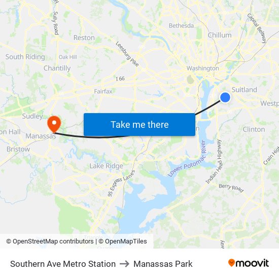 Southern Ave Metro Station to Manassas Park map