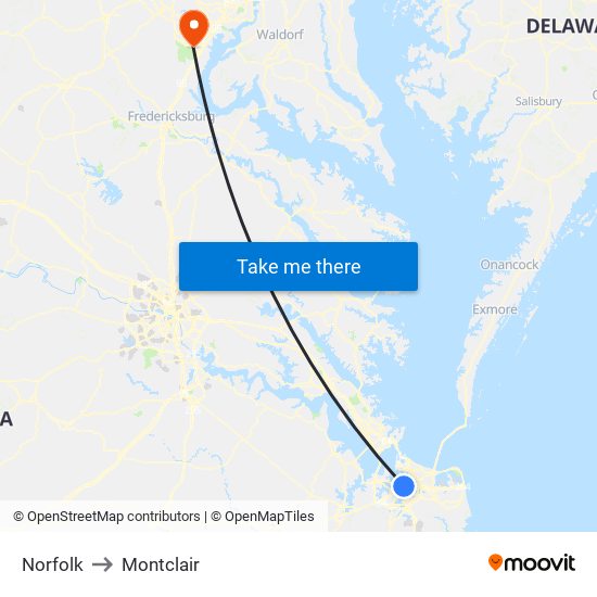 Norfolk to Montclair map