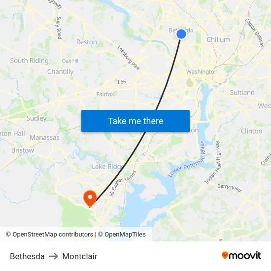 Bethesda to Montclair map