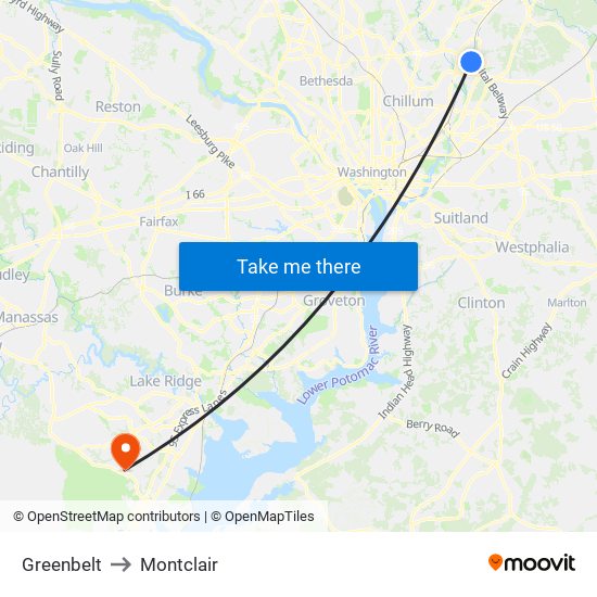 Greenbelt to Montclair map