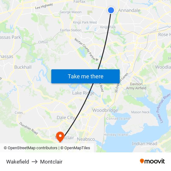 Wakefield to Montclair map