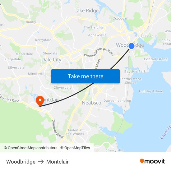 Woodbridge to Montclair map