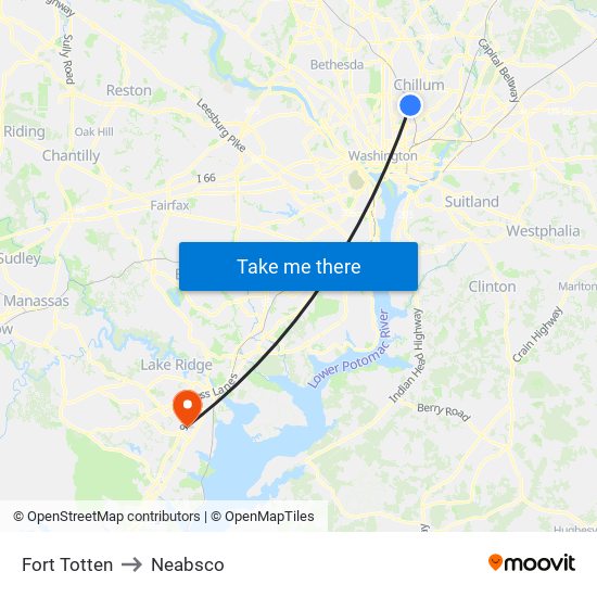 Fort Totten to Neabsco map