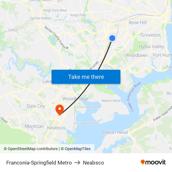 Franconia-Springfield Metro to Neabsco map