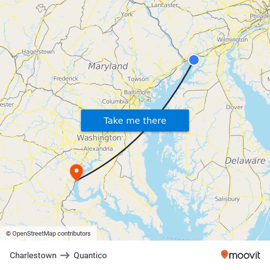 Charlestown to Quantico map