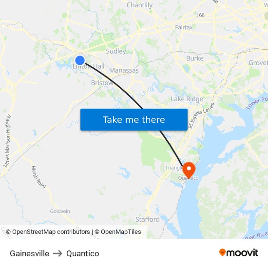 Gainesville to Quantico map