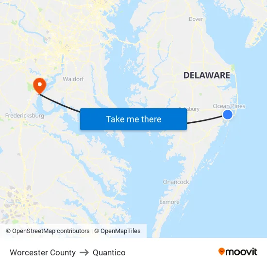 Worcester County to Quantico map