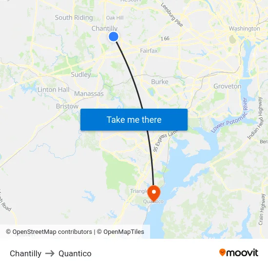 Chantilly to Quantico map