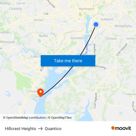 Hillcrest Heights to Quantico map
